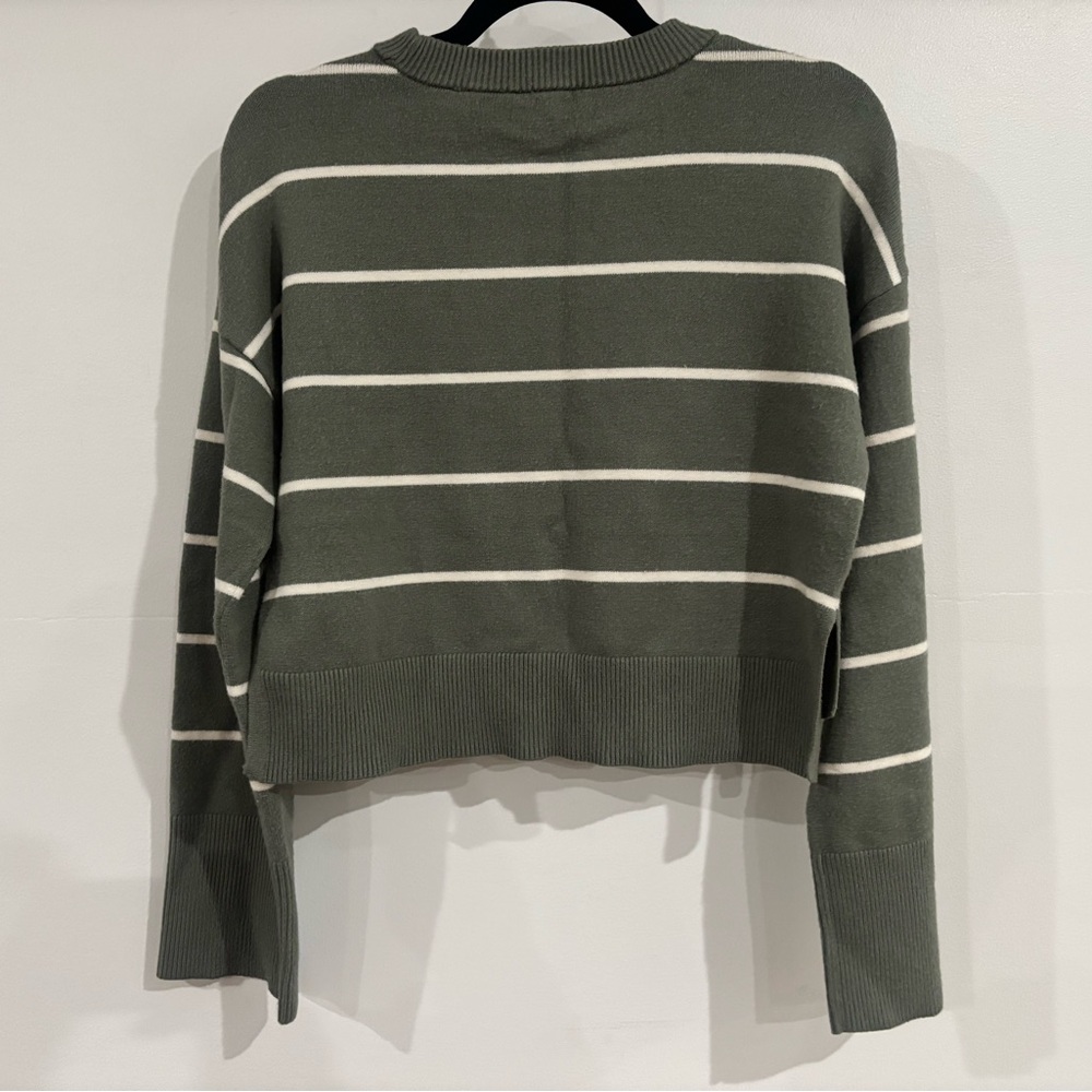 Preppy Striped Pink Rose Crop Knit Sweater Womens Small Olive Green - Picture 2 of 5